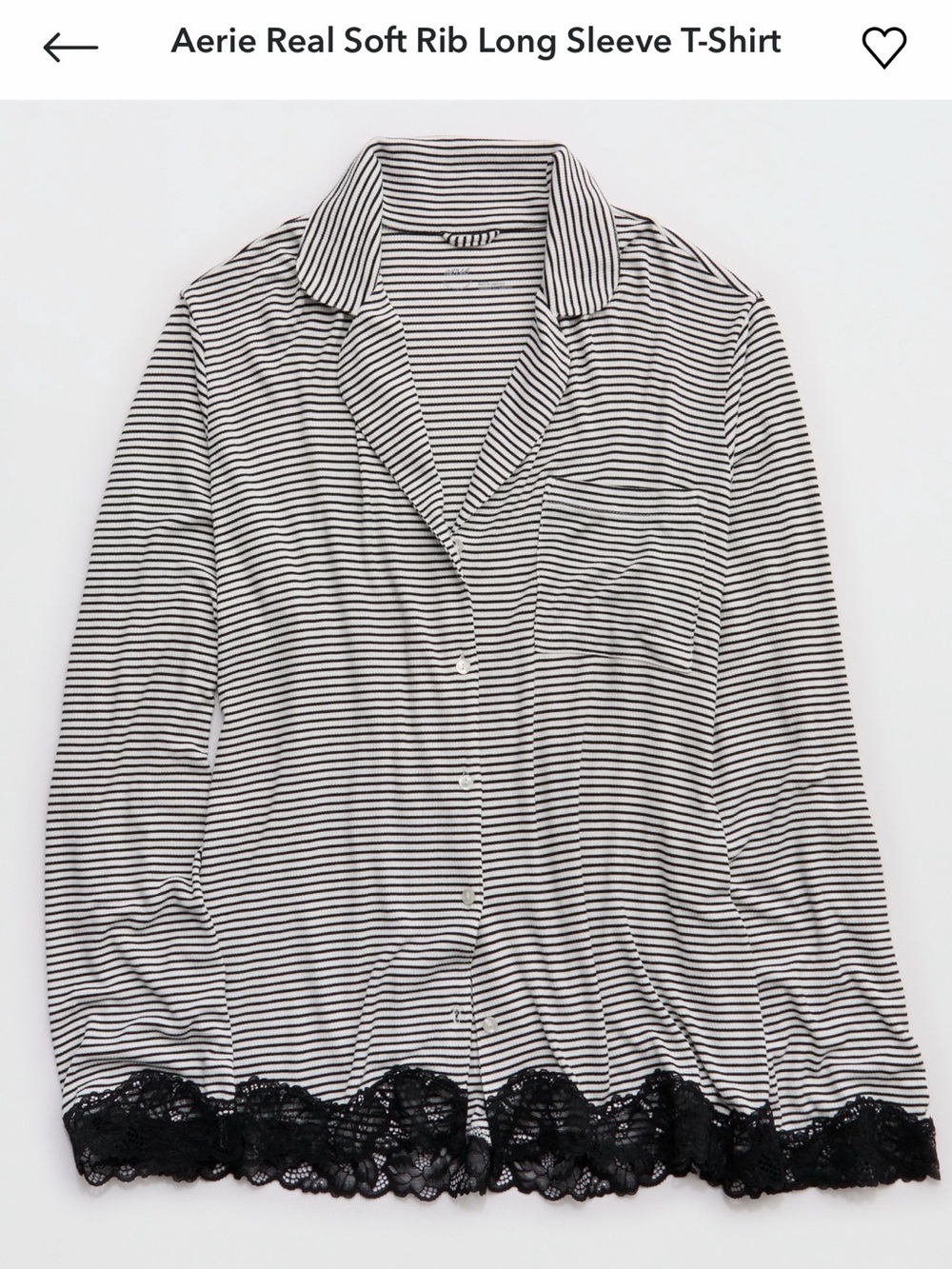 aerie Black and White Striped Long Sleeve Button Top and pants with Lace Trim